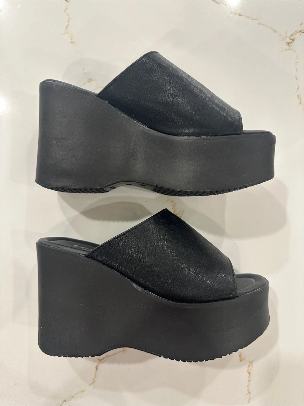 EricsT Black Leather Platform Wedge Slide Sandals